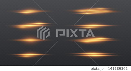 Golden light lens flare effects creating horizontal glowing streaks and starbursts on a transparent background Golden light lens flare effects creating horizontal glowing streaks and starbursts on a transparent background 141189361
