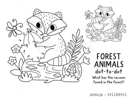 Vector forest dot-to-dot and color activity with cute raccoon sitting on log holding acorn. Black and white connect dots game for children with funny woodland animal. Line printable worksheet 141189411
