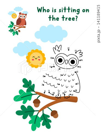Vector forest dot-to-dot and color activity with cute owl with colored background. Connect the dots game for children with woodland animal. Line printable worksheet. Who is sitting on the tree? Vector forest dot-to-dot and color activity with cute owl with colored background. Connect the dots game for children with woodland animal. Line printable worksheet. Who is sitting on the tree? 141189415