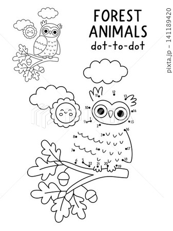 Vector forest dot-to-dot and color activity with cute owl sitting on oak tree branch. Black and white connect the dots game for children with funny woodland animal, bird. Line printable worksheet 141189420