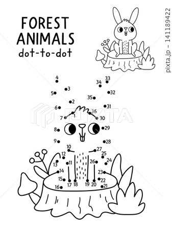 Vector forest dot-to-dot and color activity with cute hare. Black and white connect the dots game for children with funny woodland animal. Line printable worksheet with rabbit sitting on tree stump Vector forest dot-to-dot and color activity with cute hare. Black and white connect the dots game for children with funny woodland animal. Line printable worksheet with rabbit sitting on tree stump 141189422