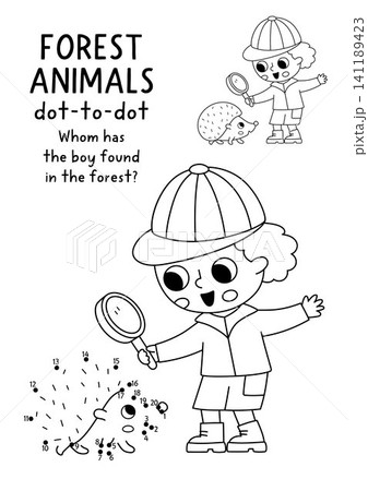 Vector forest dot-to-dot and color activity with cute boy looking at the hedgehog. Black and white connect the dots game for children with funny woodland animal. Line printable worksheet Vector forest dot-to-dot and color activity with cute boy looking at the hedgehog. Black and white connect the dots game for children with funny woodland animal. Line printable worksheet 141189423