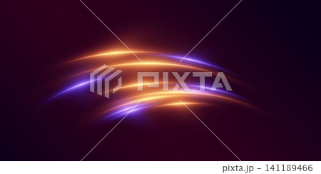 Abstract glowing orange and purple light lines moving across a dark background, illustrating speed and data flow 141189466