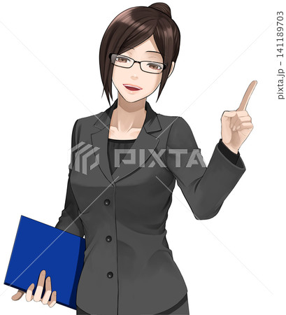 ポイントを説明するスーツ姿の眼鏡をかけた女性01 141189703