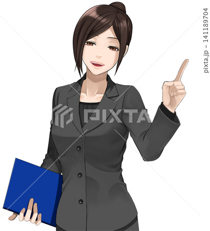 ポイントを説明するスーツ姿の女性01 141189704