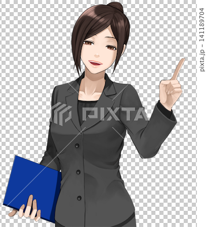 ポイントを説明するスーツ姿の女性01 141189704