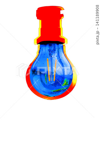 Futuristic blue light bulb with vibrant red top and yellow socket isolated on white background. Energy, innovation, and modern abstract aesthetics. Copy space Futuristic blue light bulb with vibrant red top and yellow socket isolated on white background. Energy, innovation, and modern abstract aesthetics. Copy space 141189908