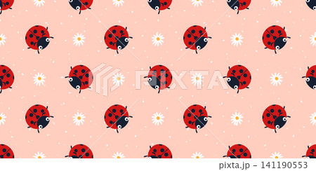 Seamless floral childish bg with a ladybug and ladybird insect pattern. This bug print features a flower nature element in a vector drawing background with girly cute flat pink flowers. Seamless floral childish bg with a ladybug and ladybird insect pattern. This bug print features a flower nature element in a vector drawing background with girly cute flat pink flowers. 141190553