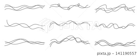 Long squiggly set with wavy squiggle pattern for line curve cable. Continuous thin vector with bounce tangle loopy for knot wave curvy. Organic doodle black with wiggle swirl loop for wire. Long squiggly set with wavy squiggle pattern for line curve cable. Continuous thin vector with bounce tangle loopy for knot wave curvy. Organic doodle black with wiggle swirl loop for wire. 141190557