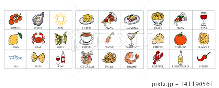 Lemon mediterranean vector illustration for vibrant limoncello and lobster. Pasta theme summer wine and italy stamp motifs with sicily. Set elements for olive square drawn composition pizza. 141190561