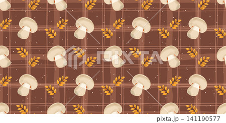 Bg line striped pattern with cute watercolor mushrooms and adorable gingham details. Seamless forest cover for botanical mushrooms print on fabric, drawing of fungi illustration for fall. Bg line striped pattern with cute watercolor mushrooms and adorable gingham details. Seamless forest cover for botanical mushrooms print on fabric, drawing of fungi illustration for fall. 141190577
