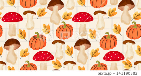 Bg pattern line with adorable cute mushroom seamless gingham striped watercolor fabric texture. This design for a cozy forest fall vector illustration features flower fungi love and harvest. Bg pattern line with adorable cute mushroom seamless gingham striped watercolor fabric texture. This design for a cozy forest fall vector illustration features flower fungi love and harvest. 141190582