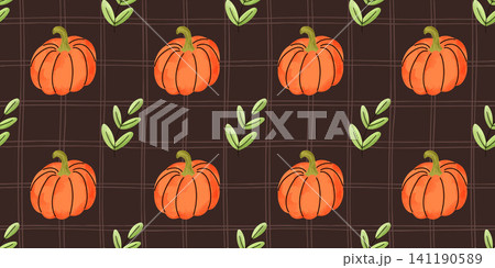 Pattern mushroom seamless pumpkin watercolor cute gingham bg striped line illustration. This design with a watercolor texture for thanksgiving or cozy halloween scenes features adorable agaric. 141190589