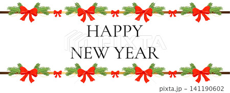 Year new year card with red and gold ribbon for christmas birthday or gift design. Certificate retro poster element and border logo on dark flyer with sparkle present bow xmas background. 141190602