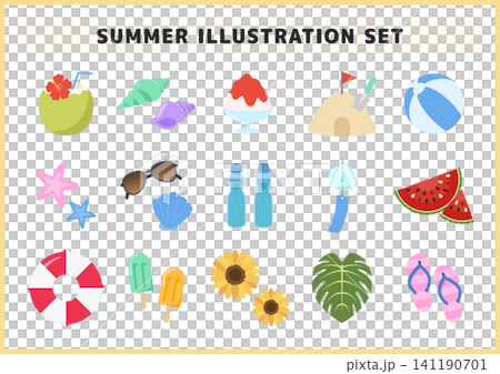 A set of cute icon vector illustrations featuring summer symbols such as sunglasses, beach balls, and watermelons. A set of cute icon vector illustrations featuring summer symbols such as sunglasses, beach balls, and watermelons. 141190701