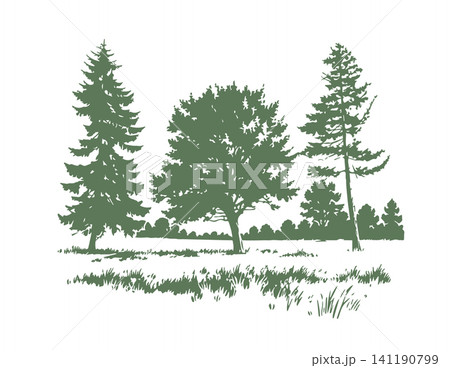 park with trees silhouette. Hand drawn. Not AI, vector illustration. 141190799