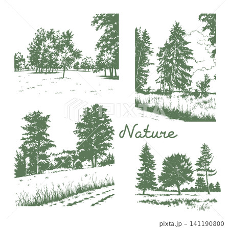 Forest set silhouette. Hand drawn. Not AI, vector illustration. Forest set silhouette. Hand drawn. Not AI, vector illustration. 141190800