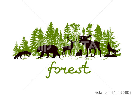 Forest silhouette with animals. Hand drawn. Not AI, vector illustration. Forest silhouette with animals. Hand drawn. Not AI, vector illustration. 141190803