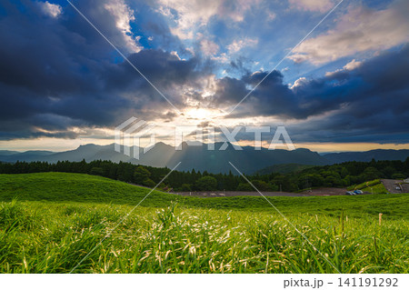 緑の高原を包む夕焼け空　すすきの曽爾高原の夕景　山際を黄金色に染める夕日③ 141191292