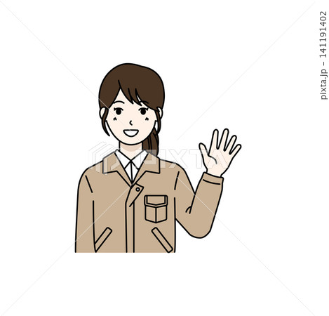 女性作業員 ベージュ作業服 挨拶 女性作業員 ベージュ作業服 挨拶 141191402