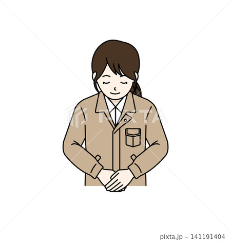 女性作業員 ベージュ作業服 お辞儀 女性作業員 ベージュ作業服 お辞儀 141191404