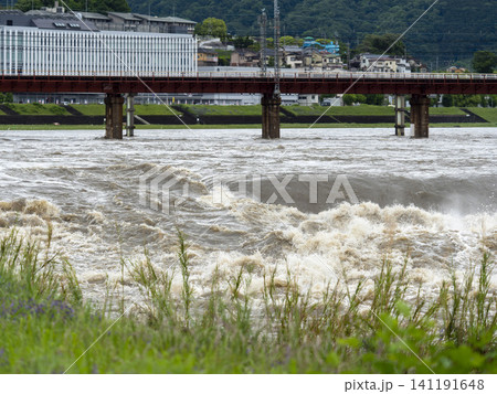 濁流が流れる大和川の柏原堰堤 濁流が流れる大和川の柏原堰堤 141191648
