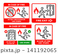 Fire emergency exit door, use stairs, do not elevator lift in case building burning flame. Man escape run down stairway. Person safety evacuation way direction pointer indoor. Red warning sign. Vector 141192065
