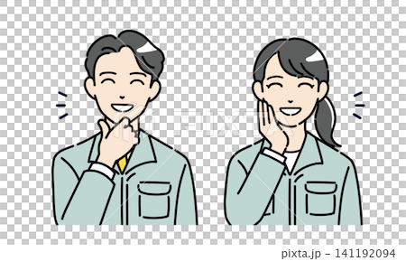 顎に手を当てて安心する作業服の男女のイラスト素材 顎に手を当てて安心する作業服の男女のイラスト素材 141192094