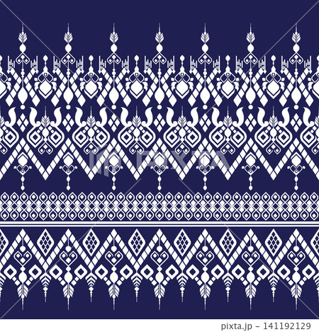 Traditional Thai Geometric Pattern Seamless Background in Indigo Blue and White abstract design for fabric print cloth dress carpet curtains and sarong Thailand. 141192129