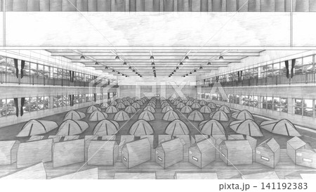 体育館の避難所に整然と並ぶ避難用テントのイメージ 防災・災害対策 3Dイラスト 体育館の避難所に整然と並ぶ避難用テントのイメージ 防災・災害対策 3Dイラスト 141192383