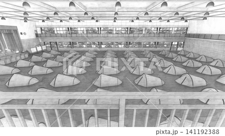 体育館の避難所に整然と並ぶ避難用テントのイメージ 防災・災害対策 3Dイラスト 141192388
