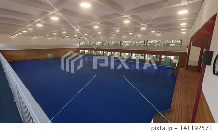 避難所設営前の学校体育館 広い屋内空間 防災・災害対策イメージ 3Dイラスト 避難所設営前の学校体育館 広い屋内空間 防災・災害対策イメージ 3Dイラスト 141192571