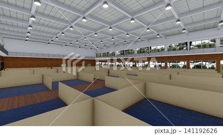体育館の避難所に設置されたダンボール間仕切り 防災・災害対策イメージ 3Dイラスト 体育館の避難所に設置されたダンボール間仕切り 防災・災害対策イメージ 3Dイラスト 141192626