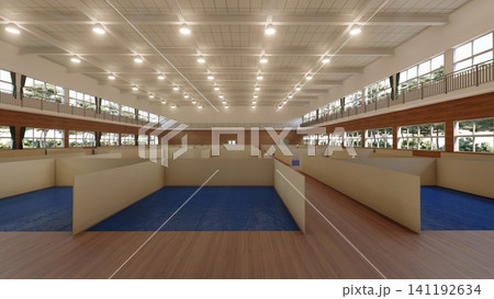 体育館の避難所に設置されたダンボール間仕切り 防災・災害対策イメージ 3Dイラスト 体育館の避難所に設置されたダンボール間仕切り 防災・災害対策イメージ 3Dイラスト 141192634