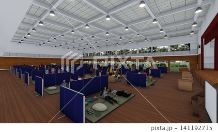 体育館の避難所に設置されたダンボール間仕切り 防災・災害対策イメージ 3Dイラスト 人物あり 体育館の避難所に設置されたダンボール間仕切り 防災・災害対策イメージ 3Dイラスト 人物あり 141192715