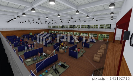 体育館の避難所に設置されたダンボール間仕切り 防災・災害対策イメージ 3Dイラスト 人物あり 体育館の避難所に設置されたダンボール間仕切り 防災・災害対策イメージ 3Dイラスト 人物あり 141192716