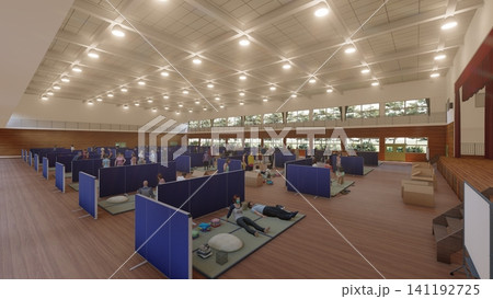 体育館の避難所に設置されたダンボール間仕切り 防災・災害対策イメージ 3Dイラスト 人物あり 体育館の避難所に設置されたダンボール間仕切り 防災・災害対策イメージ 3Dイラスト 人物あり 141192725