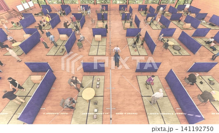 体育館の避難所に設置されたダンボール間仕切り 防災・災害対策イメージ 3Dイラスト 人物あり 体育館の避難所に設置されたダンボール間仕切り 防災・災害対策イメージ 3Dイラスト 人物あり 141192750