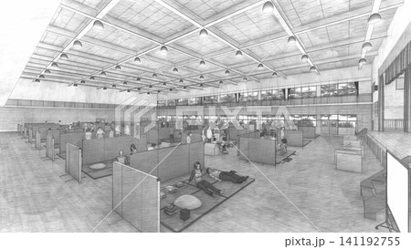 体育館の避難所に設置されたダンボール間仕切り 防災・災害対策イメージ 3Dイラスト 人物あり 体育館の避難所に設置されたダンボール間仕切り 防災・災害対策イメージ 3Dイラスト 人物あり 141192755