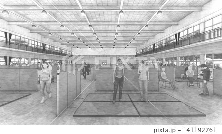 体育館の避難所に設置されたダンボール間仕切り 防災・災害対策イメージ 3Dイラスト 人物あり 体育館の避難所に設置されたダンボール間仕切り 防災・災害対策イメージ 3Dイラスト 人物あり 141192761