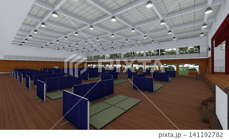 体育館の避難所に設置されたダンボール間仕切り 防災・災害対策イメージ 3Dイラスト 人物あり 体育館の避難所に設置されたダンボール間仕切り 防災・災害対策イメージ 3Dイラスト 人物あり 141192782