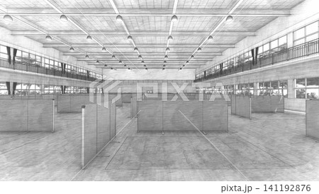 体育館の避難所に設置された間仕切り 防災・災害対策イメージ 3Dイラスト 　人物あり 141192876