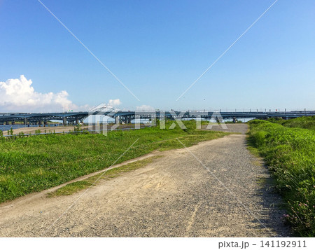 夏の荒川河川敷へ続く砂利道と青空の風景 夏の荒川河川敷へ続く砂利道と青空の風景 141192911
