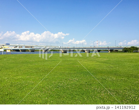 広大な芝生と荒川河川敷の橋 夏の青空風景 141192912