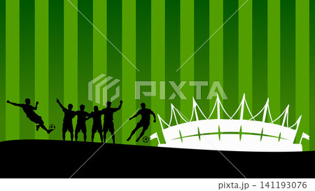 Football Player Silhouettes on Soccer Field Background with Stadium Scene Background 141193076