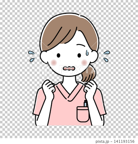 向量圖,描繪了一位女護士的上半身,她滿頭大汗,神情慌亂。 向量圖,描繪了一位女護士的上半身,她滿頭大汗,神情慌亂。 141193156