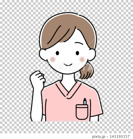女護士上半身的向量插圖，她單手擺出勝利姿勢。 141193157