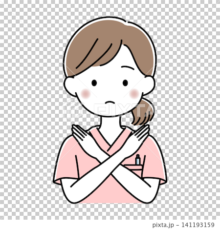 Vector illustration of the upper body of a female nurse making an "X" sign with both arms to indicate refusal. Vector illustration of the upper body of a female nurse making an "X" sign with both arms to indicate refusal. 141193159