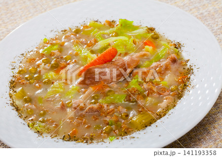 Mutton potage with green peas Mutton potage with green peas 141193358