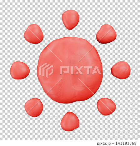 A 3D CG image of a sun made of clay. A cute stamp icon with a sunny weather symbol. Decorative material for children. A 3D CG image of a sun made of clay. A cute stamp icon with a sunny weather symbol. Decorative material for children. 141193569